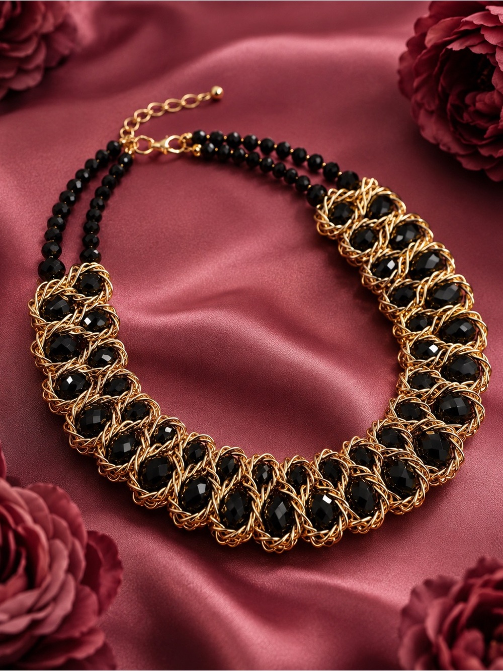 Gold & Black Statement Necklace - Elegant Women's Jewelry